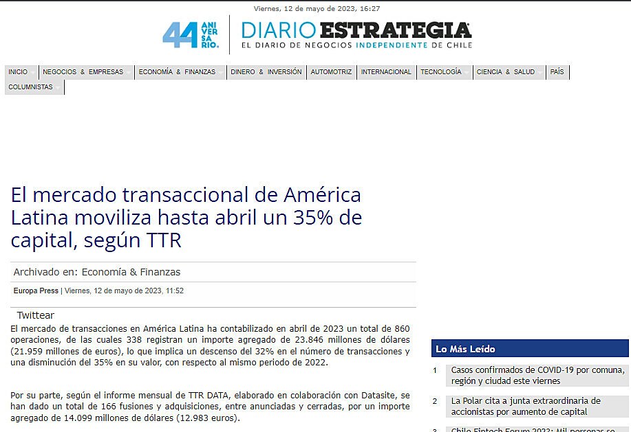 El mercado transaccional de Amrica Latina moviliza hasta abril un 35% de capital, segn TTR